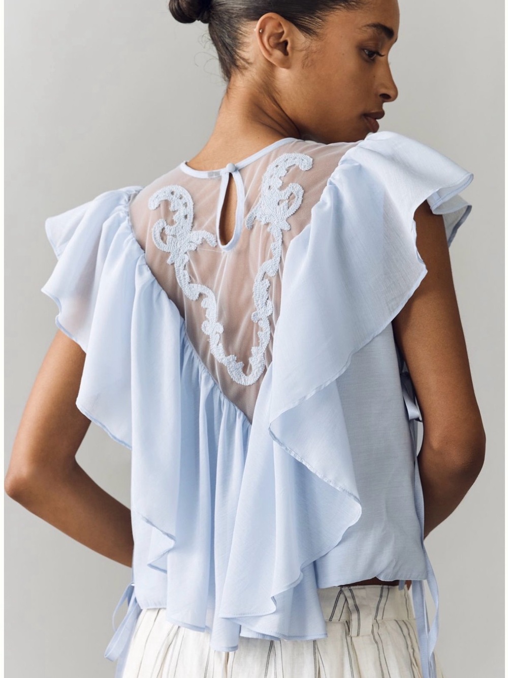 Light Blue Lace-Trim Flutter Sleeve Top - Picture 2 of 6